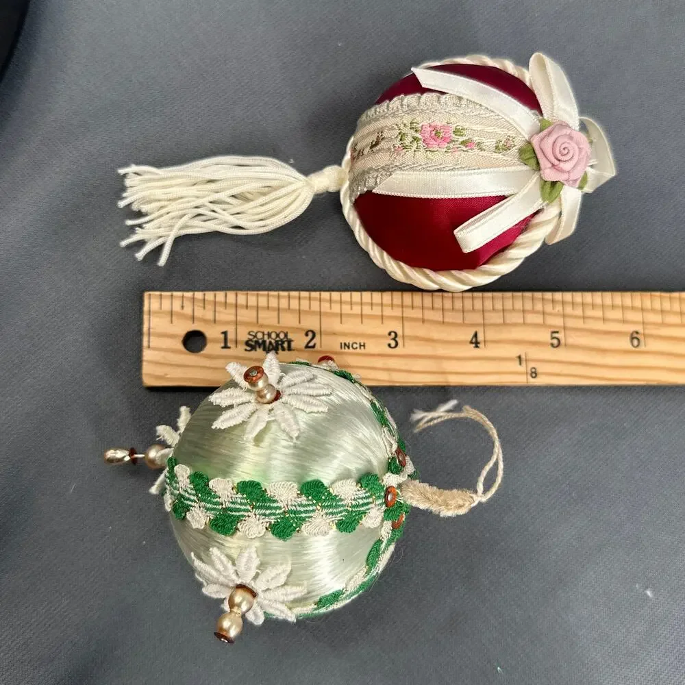 4 VTG Handmade Push Pin Satin Ball Ornament Bead Sequin Christmas ribbon Kitschy